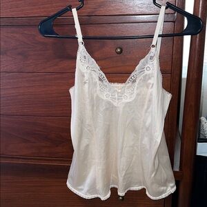 Women’s Cream Vintage Nylon Lace Detailed Lingerie Camisole w/ Adjustable Straps